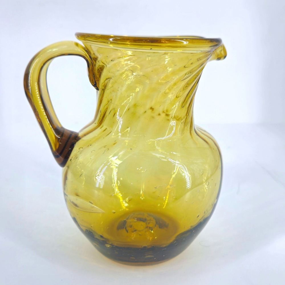 Vintage Amber Handblown Glass Swirl Pitcher Ribbed Neck Mid Century Modern 7in